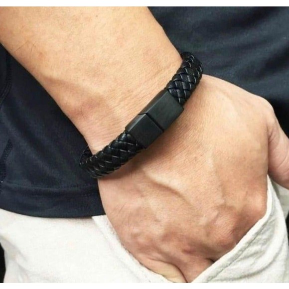 Mens Fashion Handmade Leather Braided Magnetic Clasp Stainless Steel Bracelet - Picture 2 of 6